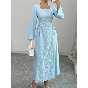 Lace Up Square Neck Long Sleeve Maxi Dress